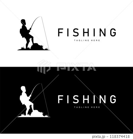 fishing logo black silhouette angler design and outdoor sunset 118374418