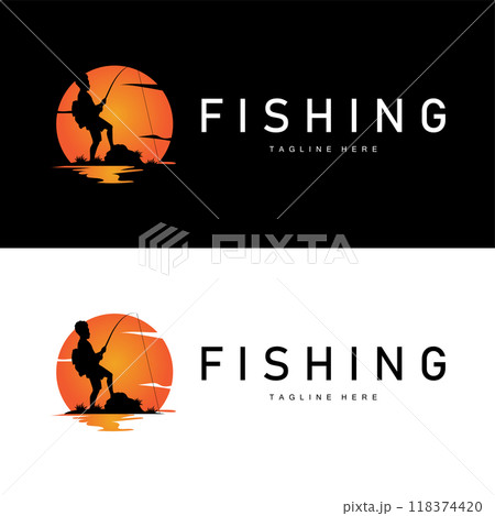fishing logo black silhouette angler design and outdoor sunset fishing logo black silhouette angler design and outdoor sunset 118374420