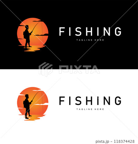 fishing logo black silhouette angler design and outdoor sunset 118374428