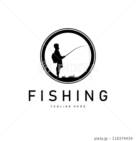 fishing logo black silhouette angler design and outdoor sunset 118374439