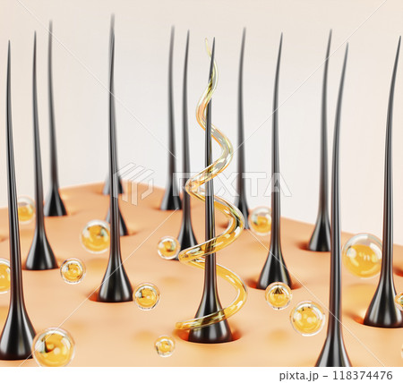 Hair care 3d render background. Scalp skin with follicles, golden oil drops and liquid spiral wave swirl. Nourish, repair and treatment cosmetic product, keratin, shampoo or serum. 3D illustration 118374476