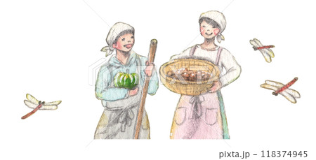 秋の収穫を喜ぶ農家の人々とトンボの手描き水彩画 秋の収穫を喜ぶ農家の人々とトンボの手描き水彩画 118374945