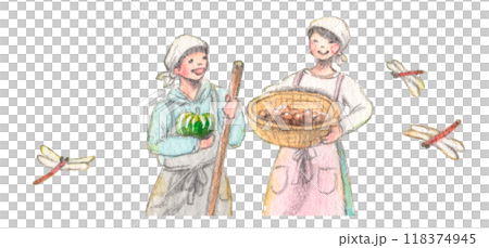 秋の収穫を喜ぶ農家の人々とトンボの手描き水彩画 秋の収穫を喜ぶ農家の人々とトンボの手描き水彩画 118374945