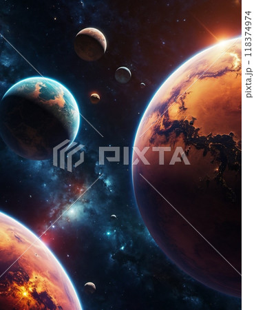 Planetary system with multiple planets, large brightly colored gas giant and a rocky planet. Bright stars and a vast expanse of dark space with a galaxy in background. Space spaces. Cosmonautics. AI 118374974