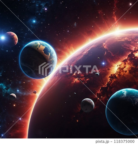Planetary system with multiple planets, large brightly colored gas giant and a rocky planet. Bright stars and a vast expanse of dark space with a galaxy in background. Space spaces. Cosmonautics. AI 118375000