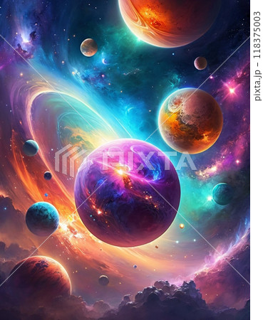 Planetary system with multiple planets, large brightly colored gas giant and a rocky planet. Bright stars and a vast expanse of dark space with a galaxy in background. Space spaces. Cosmonautics. AI 118375003