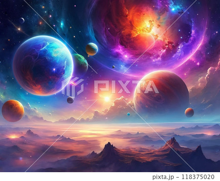 Planetary system with multiple planets, large brightly colored gas giant and a rocky planet. Bright stars and a vast expanse of dark space with a galaxy in background. Space spaces. Cosmonautics. AI 118375020