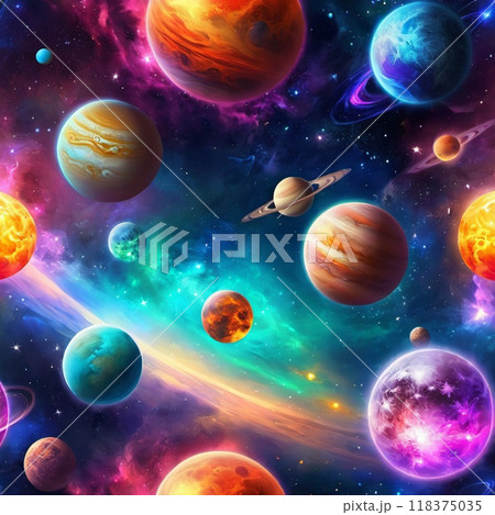 Planetary system with multiple planets, large brightly colored gas giant and a rocky planet. Bright stars and a vast expanse of dark space with a galaxy in background. Space spaces. Cosmonautics. AI Planetary system with multiple planets, large brightly colored gas giant and a rocky planet. Bright stars and a vast expanse of dark space with a galaxy in background. Space spaces. Cosmonautics. AI 118375035