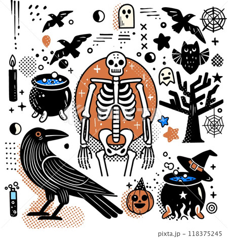 Colorful Halloween Skeleton and Crow Illustration Isolated on White Background 118375245