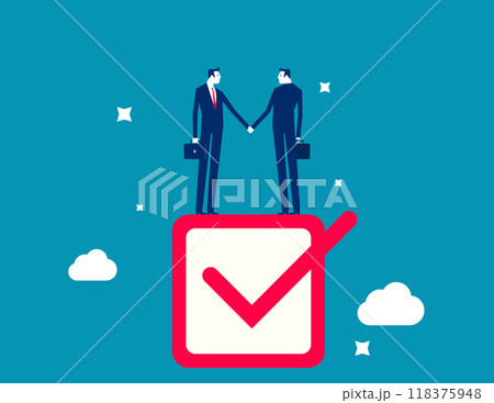 Commitment, promise or agreement to deliver or finish work, leadership skill or trust on work responsibility. Businessman handshake on tick completed checkbox. Accountability or engagement concept 118375948