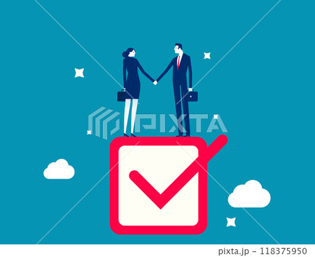 Commitment, promise or agreement to deliver or finish work, leadership skill or trust on work responsibility. Businessman handshake on tick completed checkbox. Accountability or engagement concept Commitment, promise or agreement to deliver or finish work, leadership skill or trust on work responsibility. Businessman handshake on tick completed checkbox. Accountability or engagement concept 118375950