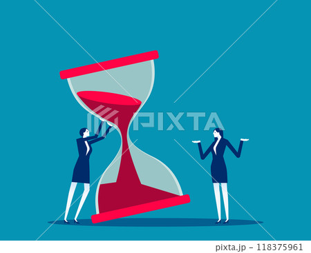 Time management concept. Nervous entrepreneur trying to stop hourglass or sandglass before it fall. Project deadline, running out of time. Flat vector illustration. Time management concept. Nervous entrepreneur trying to stop hourglass or sandglass before it fall. Project deadline, running out of time. Flat vector illustration. 118375961