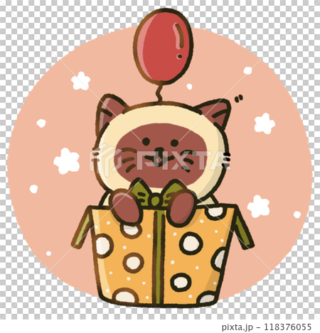 cute cartoon of a cat surprising from a gift box with red balloon illustration 118376055