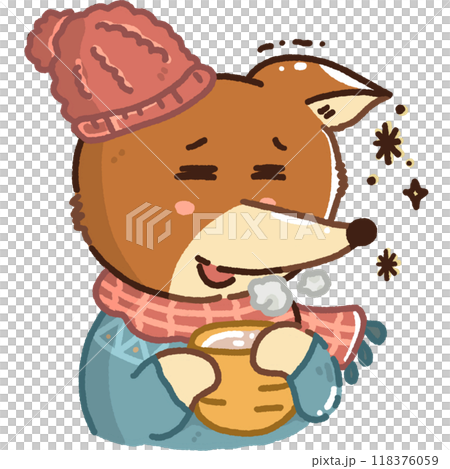 cute cartoon of a fox drinking hot tea illustration 118376059