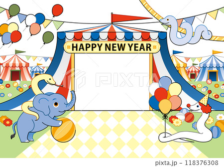 巳年イラスト年賀状デザイン「蛇と象サーカスフレーム」HAPPY NEW YEAR 巳年イラスト年賀状デザイン「蛇と象サーカスフレーム」HAPPY NEW YEAR 118376308
