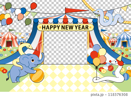 蛇年插畫新年賀卡設計《蛇象馬戲團框架》HAPPY NEW YEAR 118376308