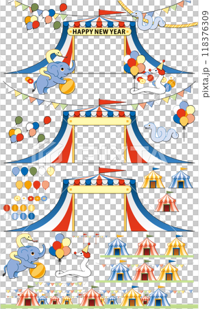 蛇年插畫新年賀卡設計素材《蛇象馬戲團框架》HAPPY NEW YEAR 118376309