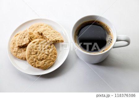 Cup of black coffee, Cookies on white marble background. 118376386