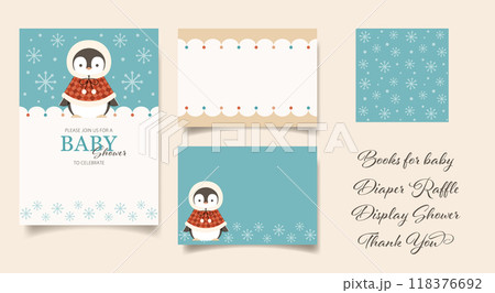 冬のベビーシャワーの招待状とメモカード、パターンのデザインセット 118376692