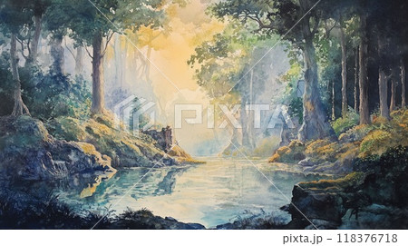 光射す森の静けさ：幽玄な湖の風景画のイラスト素材 [118376718] - PIXTA