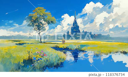 遠くの城への道：湿原と孤独な木の風景画のイラスト素材 [118376734