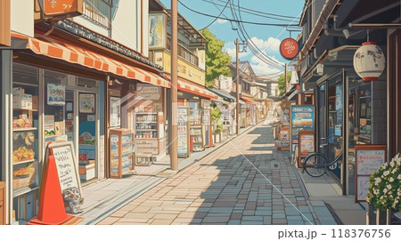 午後の光に包まれる町並み - 日本の商店街 118376756