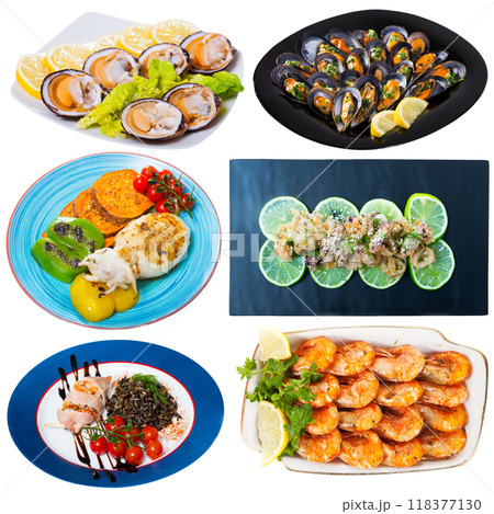 Set of assorted seafood dishes Set of assorted seafood dishes 118377130