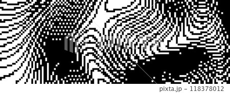 Dithered wavy curved line texture. Black 8 bit pixel glitch background. Rasterized stripes overlay wallpaper. Binary digitalized distorted backdrop for banner, poster, flyer, brochure, booklet. Vector Dithered wavy curved line texture. Black 8 bit pixel glitch background. Rasterized stripes overlay wallpaper. Binary digitalized distorted backdrop for banner, poster, flyer, brochure, booklet. Vector 118378012