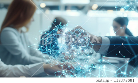 A group of people are working together on a computer screen 118378091