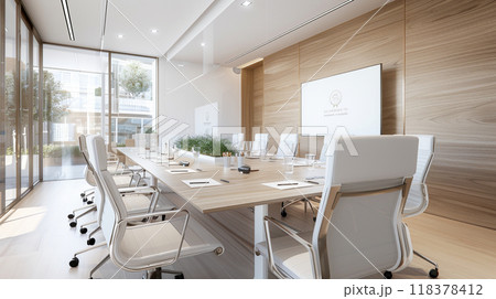 A large conference room with a white board and a projector A large conference room with a white board and a projector 118378412