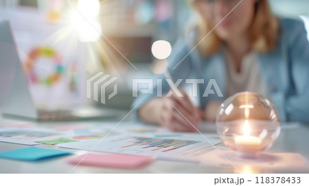 A woman is sitting at a desk with a candle and a laptop A woman is sitting at a desk with a candle and a laptop 118378433