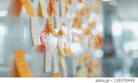 A wall covered in yellow sticky notes with various words A wall covered in yellow sticky notes with various words 118378449