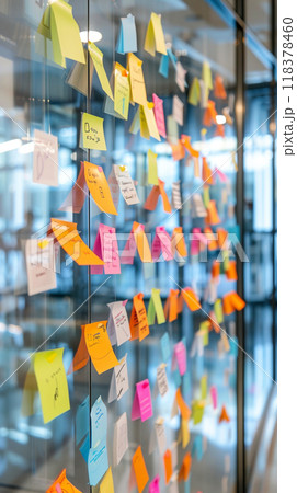 A wall covered in colorful sticky notes with various words 118378460