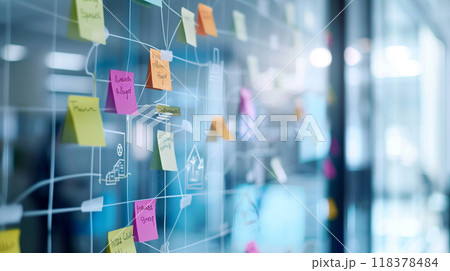 A colorful diagram with sticky notes on it 118378484