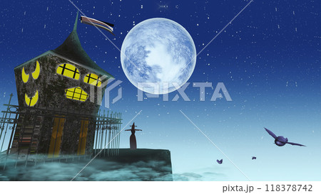満月の夜に呪いを放つハロウィンの家　文字入れ用背景素材 118378742