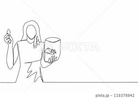Single continuous line drawing energetic beautiful woman holding potato chips. Enjoy every crispy piece. High natrium content. Tasty. Delicious. National Snack Day. One line design vector illustration Single continuous line drawing energetic beautiful woman holding potato chips. Enjoy every crispy piece. High natrium content. Tasty. Delicious. National Snack Day. One line design vector illustration 118378842