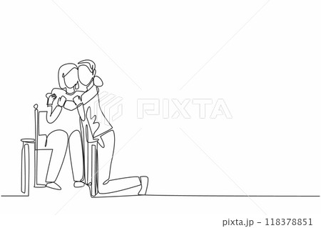 Continuous one line drawing the caregiver kneels and hugs old grandmother sitting in wheelchair. Showing a high sense of caring. Caregiver Appreciation Day. Single line draw design vector illustration Continuous one line drawing the caregiver kneels and hugs old grandmother sitting in wheelchair. Showing a high sense of caring. Caregiver Appreciation Day. Single line draw design vector illustration 118378851