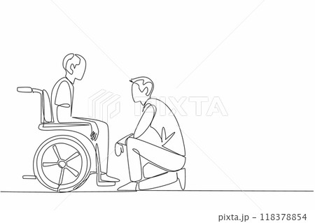 Single continuous line drawing a caregiver kneels down. Talking to an old grandfather sitting in a wheelchair. Providing the best care. Caregiver Appreciation Day. One line design vector illustration 118378854