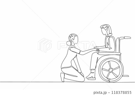Single one line drawing caregiver kneeling. Make conversation with old grandmother who sitting on wheelchair. Support. Friendly. Caregiver Appreciation Day. Continuous line design graphic illustration Single one line drawing caregiver kneeling. Make conversation with old grandmother who sitting on wheelchair. Support. Friendly. Caregiver Appreciation Day. Continuous line design graphic illustration 118378855
