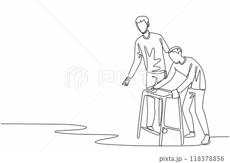 Continuous one line drawing caregiver guides an old grandfather who walks using a walker. Doing therapy. Caring with patience. Caregiver Appreciation Day. Single line draw design vector illustration 118378856