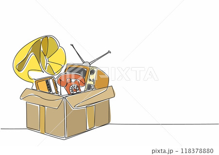 Continuous one line drawing antique television, telephone, radio in cardboard box. Tidying up classic items that no longer function. National old stuff day. Single line draw design vector illustration 118378880