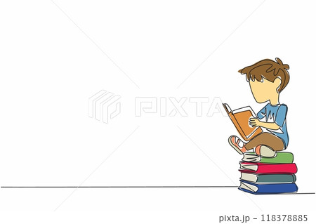 Continuous one line drawing boy sitting relaxed reading on a pile of books with passion. Increase literacy by reading. National Read Across America Day. Single line draw design vector illustration 118378885