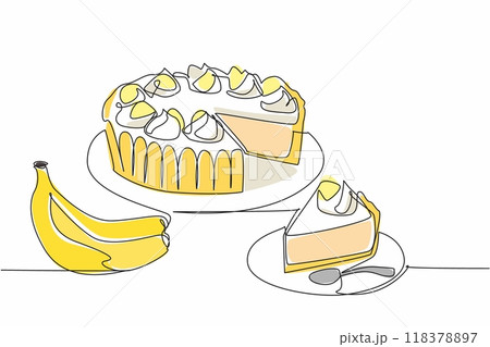 Continuous one line drawing sliced round banana cream pie. Ready to serve with sweet taste. Dessert high in carbohydrates. National Banana Cream Pie Day. Single line draw design vector illustration Continuous one line drawing sliced round banana cream pie. Ready to serve with sweet taste. Dessert high in carbohydrates. National Banana Cream Pie Day. Single line draw design vector illustration 118378897