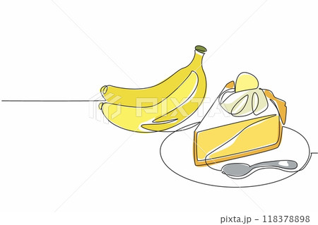 Single one line drawing banana cream pie slices on a serving plate. A sweet dessert ready to eat. Contains many vitamins. National Banana Cream Pie Day. Continuous line design graphic illustration Single one line drawing banana cream pie slices on a serving plate. A sweet dessert ready to eat. Contains many vitamins. National Banana Cream Pie Day. Continuous line design graphic illustration 118378898