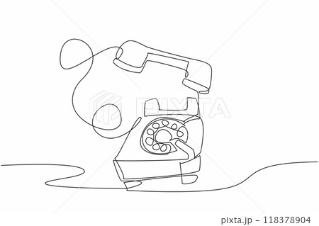 Single one line drawing an antique telephone. Press the destination number by turning. Antique telephones use cables. Retro style. Classic design. Vintage. Continuous line design graphic illustration Single one line drawing an antique telephone. Press the destination number by turning. Antique telephones use cables. Retro style. Classic design. Vintage. Continuous line design graphic illustration 118378904