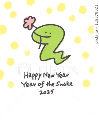 花をくわえる可愛い蛇の年賀状 令和七年 2025 手描き 水玉 花をくわえる可愛い蛇の年賀状 令和七年 2025 手描き 水玉 118379021
