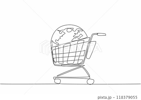 Single one line drawing globe in shopping cart. Online shopping metaphor. Hassle-free shopping. Consumer rights still obtained. World Consumer Rights Day. Continuous line design graphic illustration Single one line drawing globe in shopping cart. Online shopping metaphor. Hassle-free shopping. Consumer rights still obtained. World Consumer Rights Day. Continuous line design graphic illustration 118379055