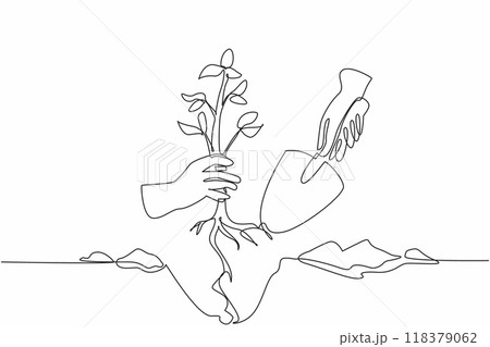 Single continuous line drawing flowering plants to be put into the hole, shovel as a tool. One day one plant. Freshness. Clement. National Plant a Flower Day. One line design vector illustration 118379062