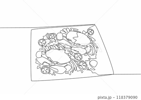 Continuous one line drawing two crabs on a square plate. Big size, satisfied when eating it. Spicy curry boiled crab. Very tasty. National Crab Meat Day. Single line draw design vector illustration Continuous one line drawing two crabs on a square plate. Big size, satisfied when eating it. Spicy curry boiled crab. Very tasty. National Crab Meat Day. Single line draw design vector illustration 118379090