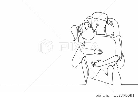 Single one line drawing a soldier hugs his wife and daughter. Welcomed with warmth. Reuniting with loved ones. Off duty. Holiday. National Hug a G.I. Day. Continuous line design graphic illustration Single one line drawing a soldier hugs his wife and daughter. Welcomed with warmth. Reuniting with loved ones. Off duty. Holiday. National Hug a G.I. Day. Continuous line design graphic illustration 118379091